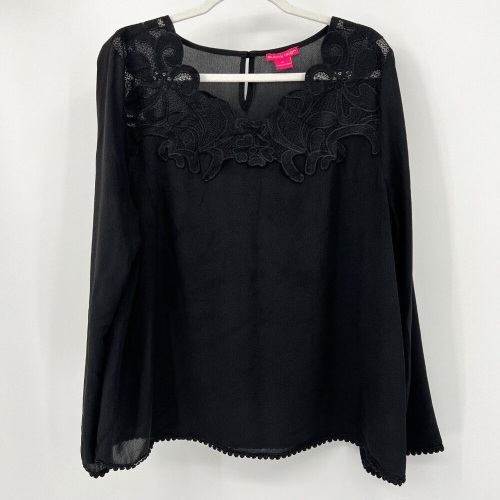 Sunny Leigh‎ Blouse XL Black Floral Embroidered Semi Sheer Boho Top Extra Large